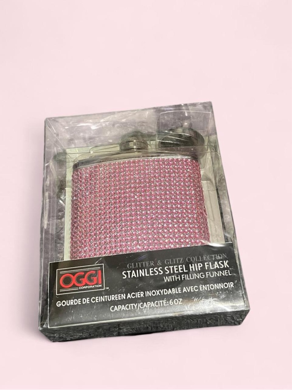 OGGI Pink Crystal Stainless Steel Hip Flask